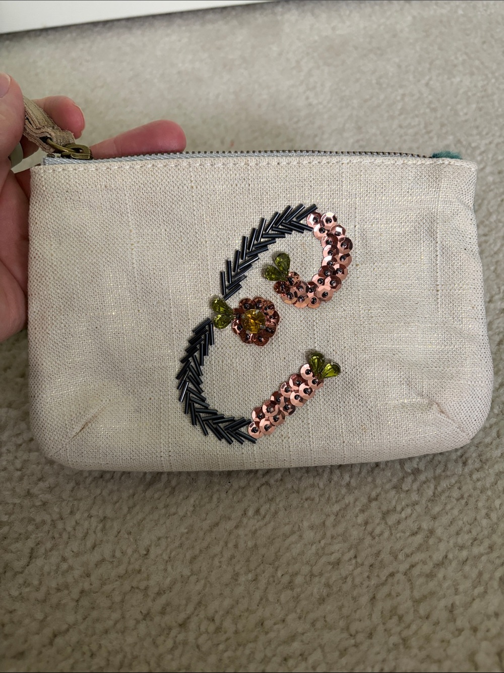Anthropologie Neutral Linen Wristlet with Pink Sequin Embellishment